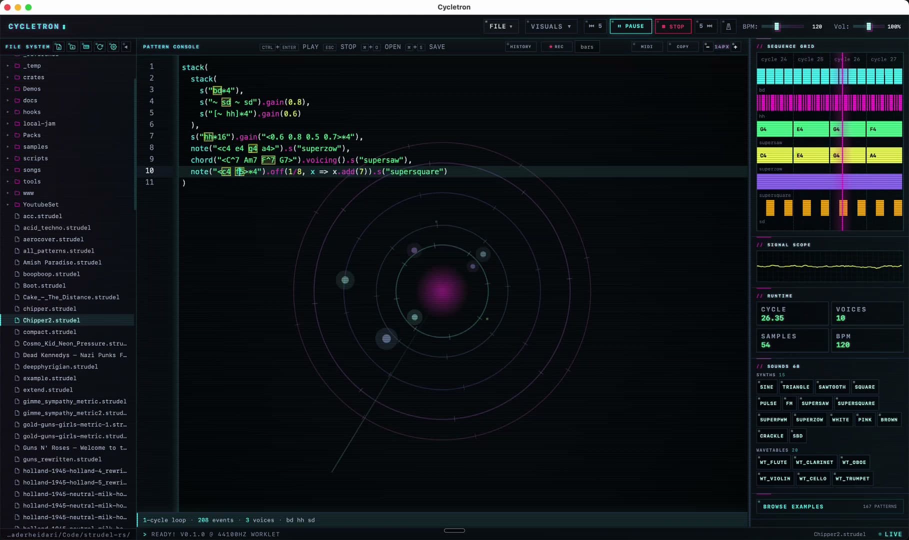 Cycletron main window: pattern code in the editor, an active orbital visualizer, and the sequence grid showing per-voice lanes