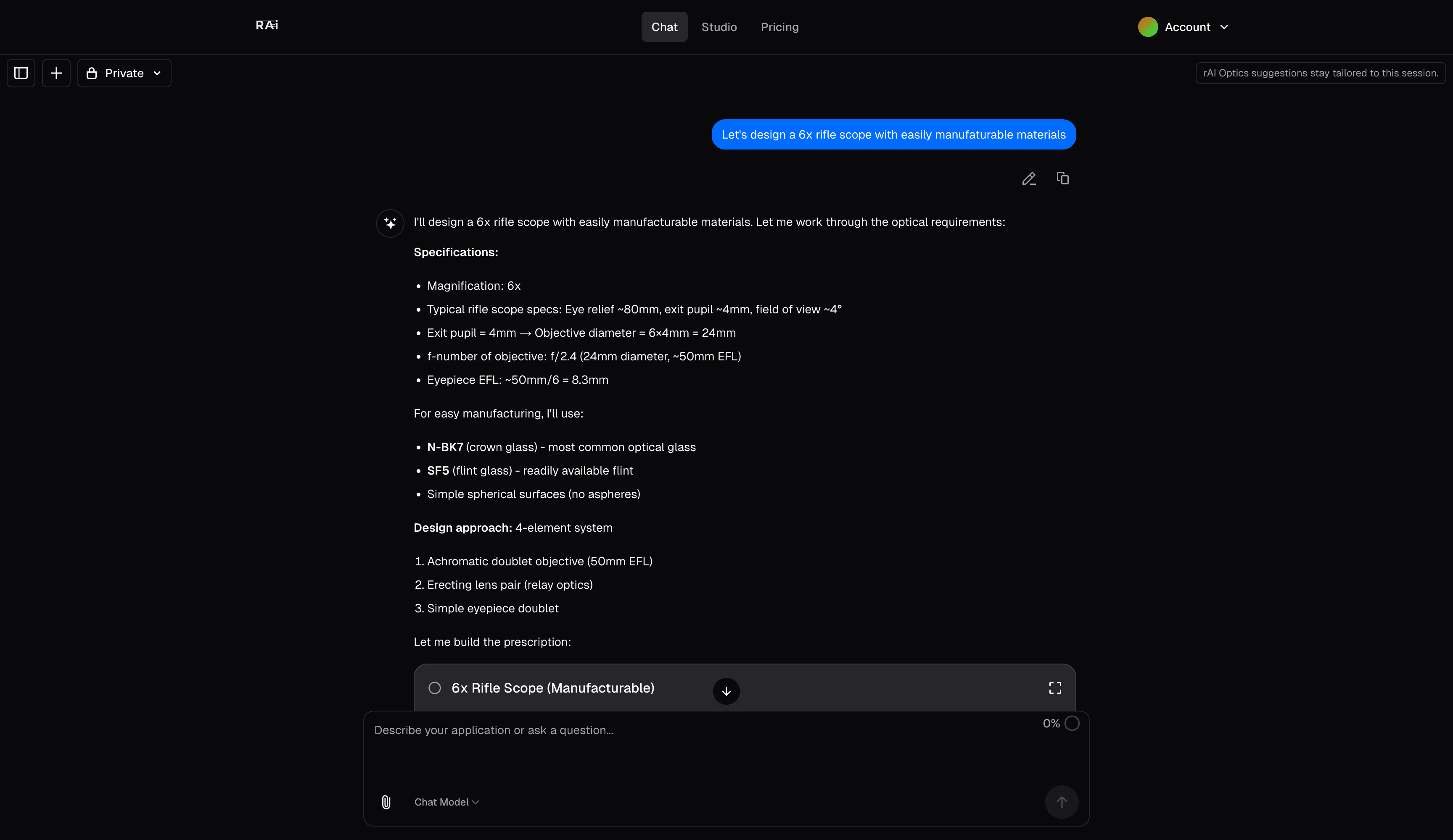 rAI Optics Chat - AI reasoning through a 6x rifle scope design with specifications and material selection