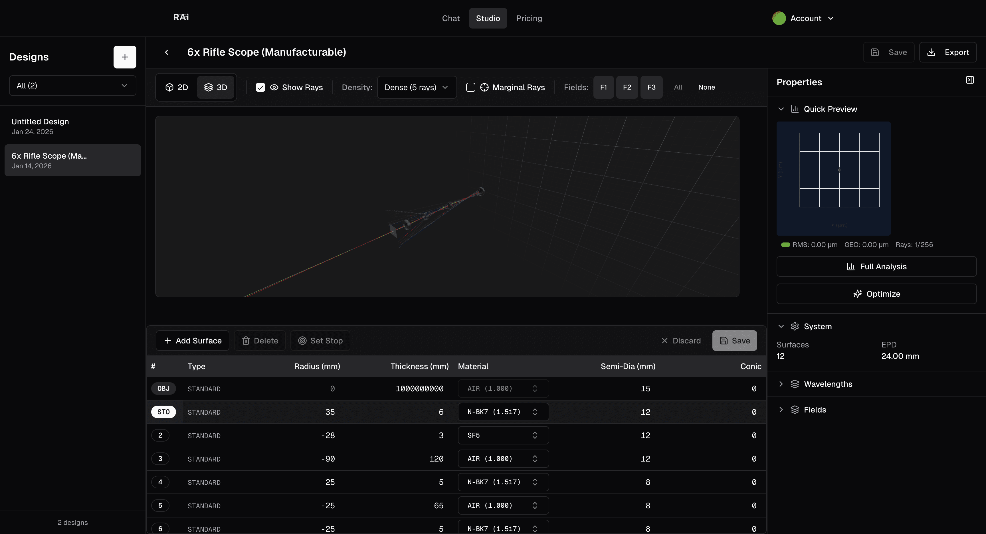 rAI Optics Studio 3D view - Interactive 3D visualization of lens system with ray tracing