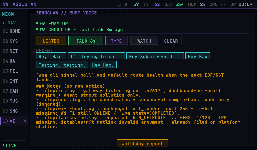 The ASSISTANT app: GATEWAY UP, WATCHDOG OK last tick 8m ago, and a watchdog report of the device's own logs