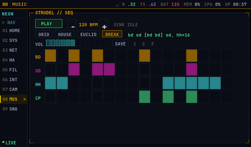 MUSIC step sequencer: BD/SD/HH/CP lanes, preset chips, volume bar, save slots