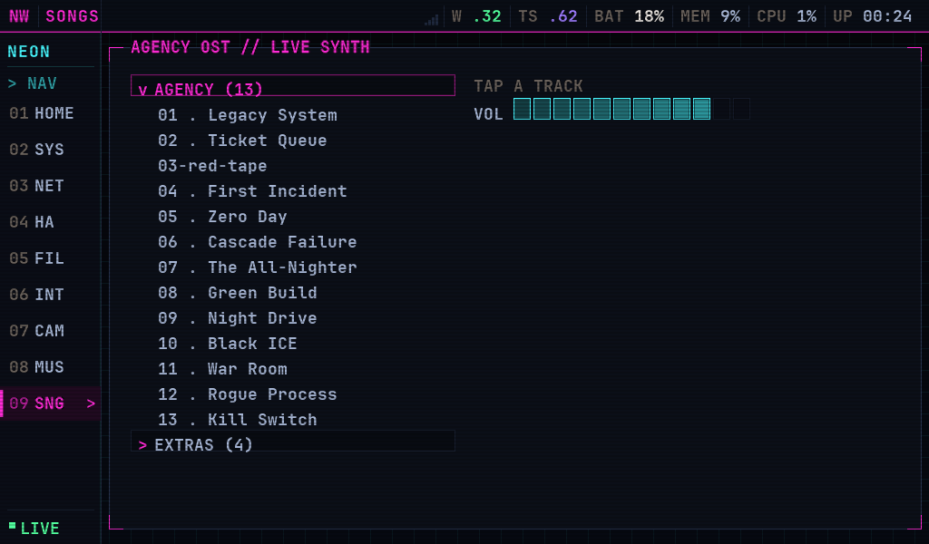 SONGS library: foldered accordion list with the 13-track Agency OST expanded